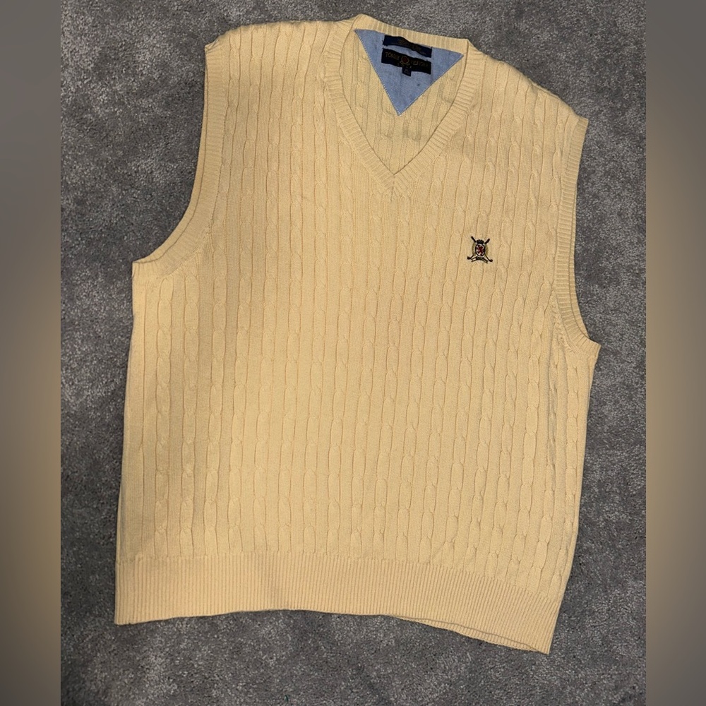 Vintage TOMMY HILFIGER GOLF XL Cable Knit Sweater Vest Yellow Preppy 90s Y2K